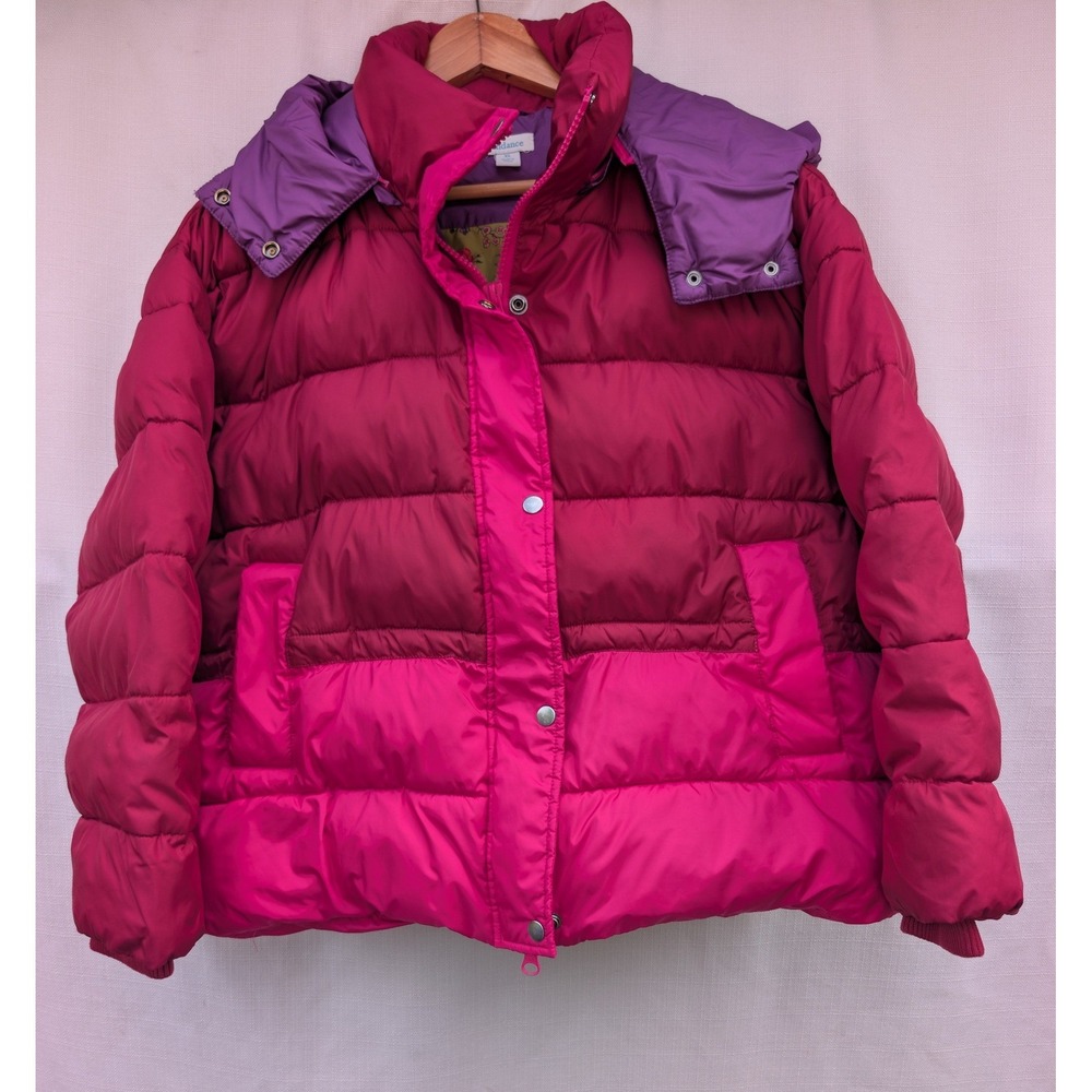 Sundance Puffer Jacket Women XL Pink Colorblock Removable Hood Floral Lined